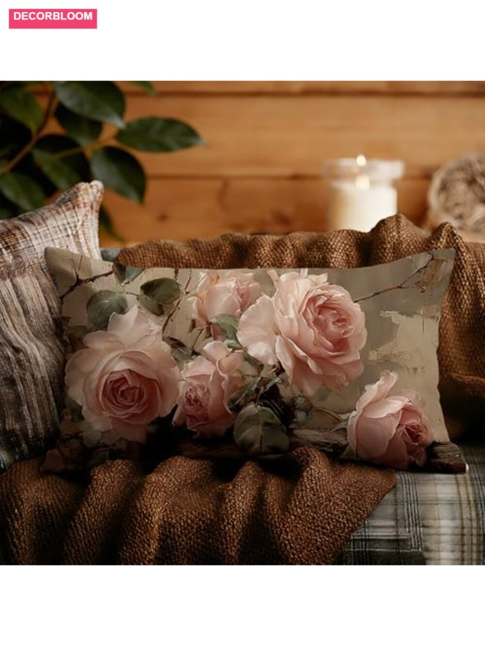 Vintage Rose Floral Flannel Throw Pillow Covers Rectangular 20x12 Set of 1 - Picture 4 of 5